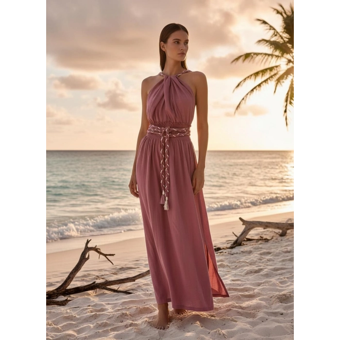 PETUNYA ÖRGÜ DETAYLI BOHEM ELBİSE / gül kurusu