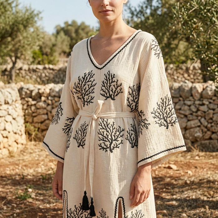 CORAL PAMUK BASKILI ELBİSE / mercan desen