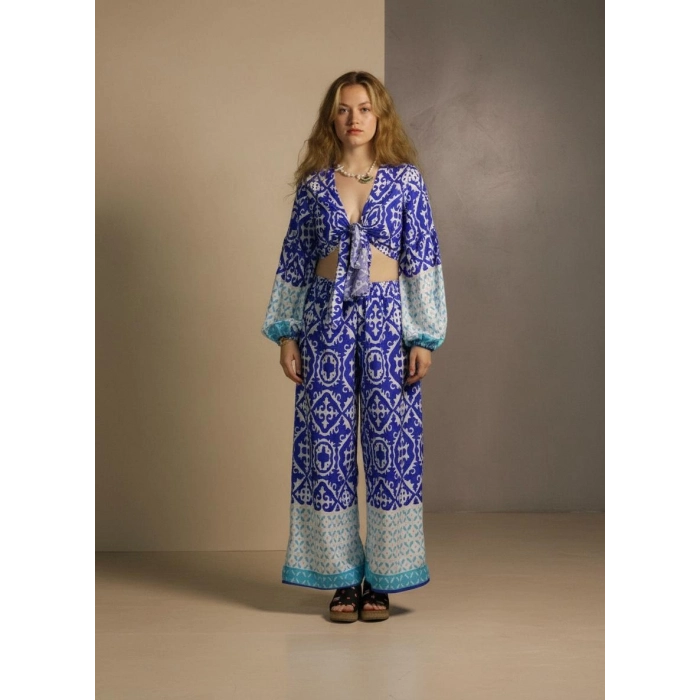 LEYLA BAĞLAMALI CROP & PANTOLON TAKIM / mavi