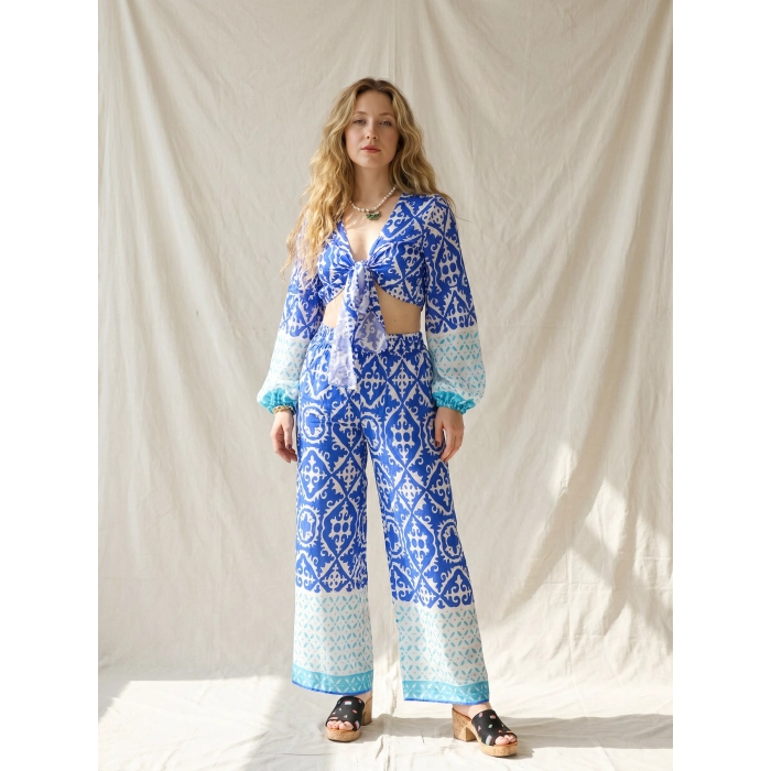 LEYLA BAĞLAMALI CROP & PANTOLON TAKIM / mavi