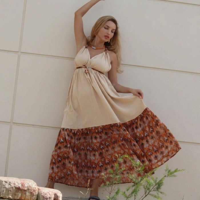 GAZELLE BOHO ÇİNGENE ELBİSE / BEJ