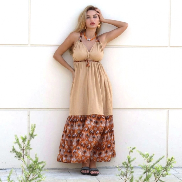 GAZELLE BOHO ÇİNGENE ELBİSE / BEJ