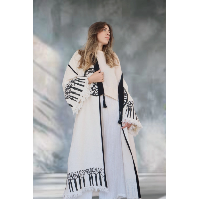 HAYAT AĞACI TAHTA BASKILI DOKUMA KAFTAN / Naturel