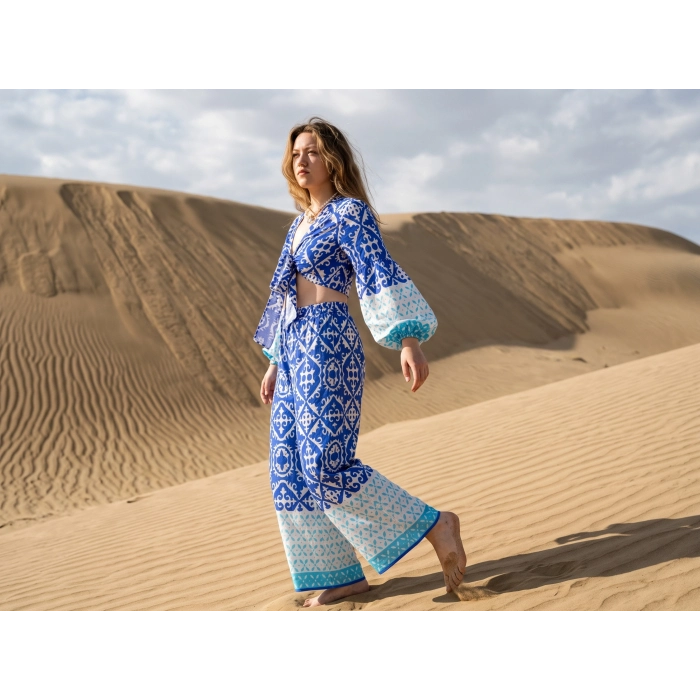 LEYLA BAĞLAMALI CROP & PANTOLON TAKIM / mavi