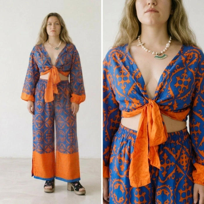 LEYLA BAĞLAMALI CROP & PANTOLON TAKIM / turuncu