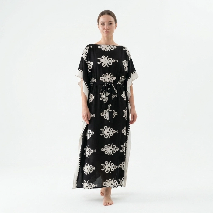 MUKARNAS ETNİK DESENLİ VİSKON KAFTAN ELBİSE