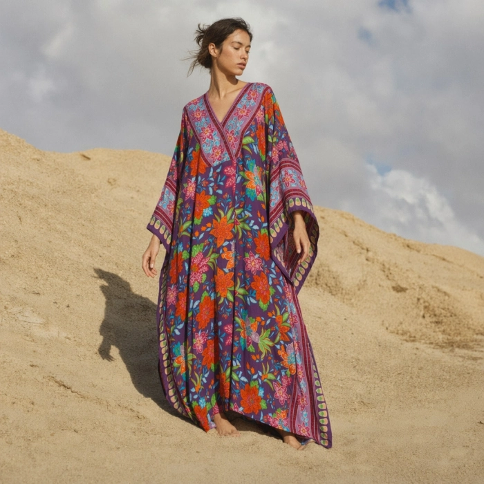 PHUKET ÇİÇEK DESENLİ VİSKON KAFTAN ELBİSE