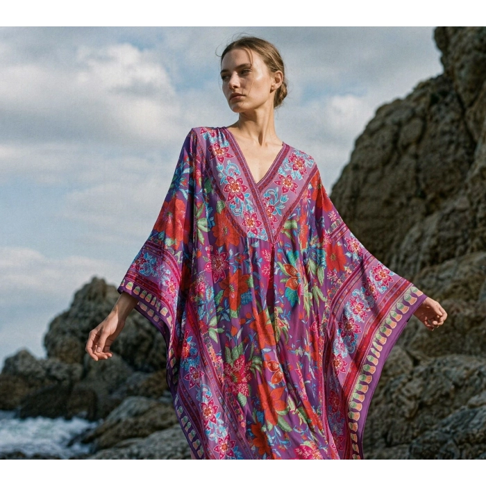 PHUKET ÇİÇEK DESENLİ VİSKON KAFTAN ELBİSE
