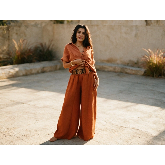 SAHRA BOHEM BOL PAÇA PANTOLON / Kiremit