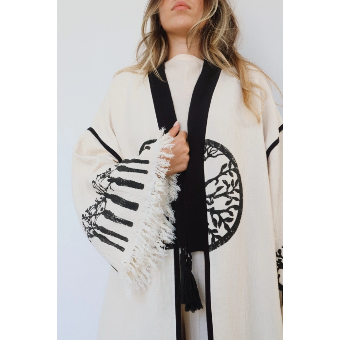 HAYAT AĞACI TAHTA BASKILI DOKUMA KAFTAN / Naturel