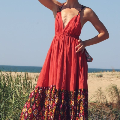 GAZELLE BOHO STİL MAXİ ÇİNGENE ELBİSE / Tarçın
