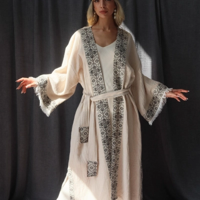 TARSUS KİLİM BORDÜRLÜ DOKUMA KAFTAN / krem