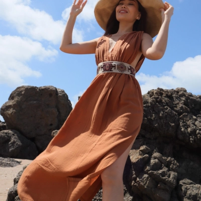 AZİZE BOHEM STİL MÜSLİN ELBİSE / Tarçın