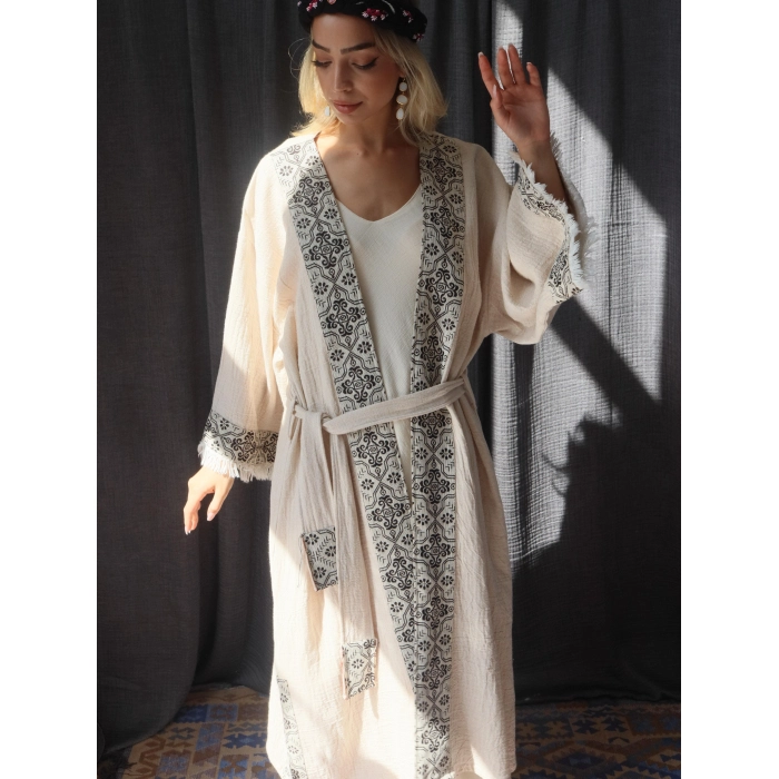 TARSUS KİLİM BORDÜRLÜ DOKUMA KAFTAN / krem