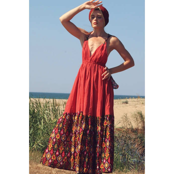 GAZELLE BOHO STİL MAXİ ÇİNGENE ELBİSE / Tarçın