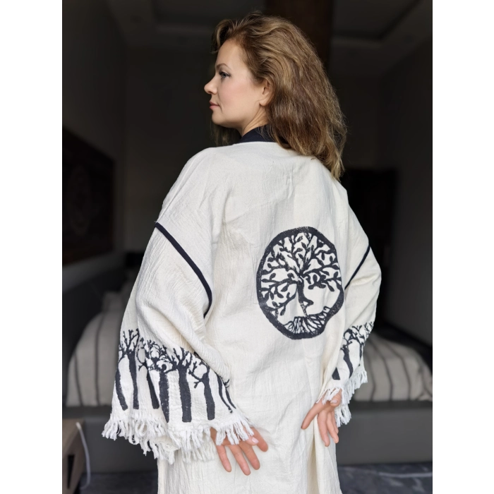 HAYAT AĞACI TAHTA BASKILI DOKUMA KAFTAN / Naturel