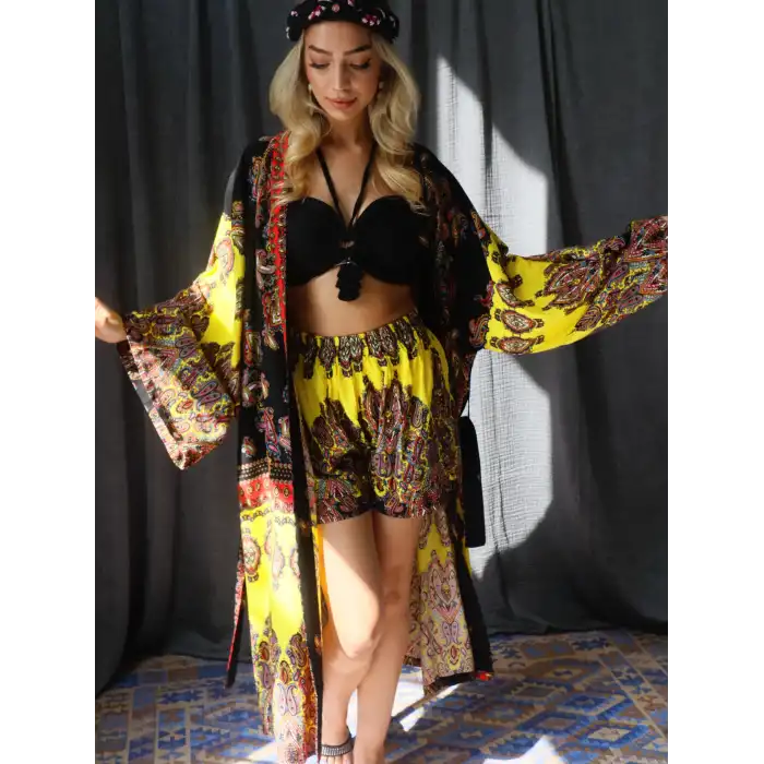 JAKARTA ŞAL DESEN VİSKON KİMONO & ŞORT TAKIM