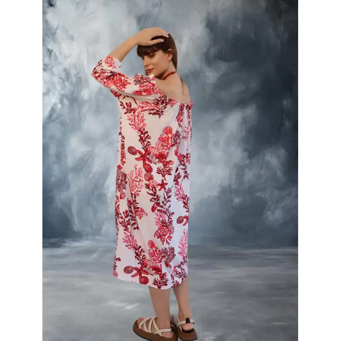 BALİ ETEĞİ BÜZGÜLÜ ELBİSE / Mercan