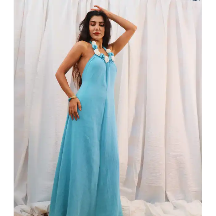 ALOHA YAKASI ÇİÇEK DETAYLI SIRT DEKOLTELİ MAKSİ MÜSLİN ELBİSE / Turkuaz