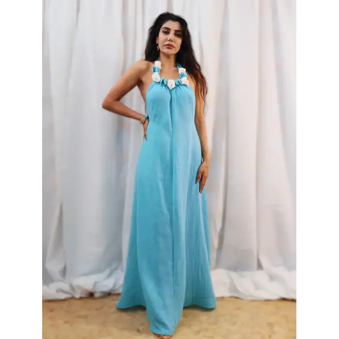 ALOHA YAKASI ÇİÇEK DETAYLI SIRT DEKOLTELİ MAKSİ MÜSLİN ELBİSE / Turkuaz