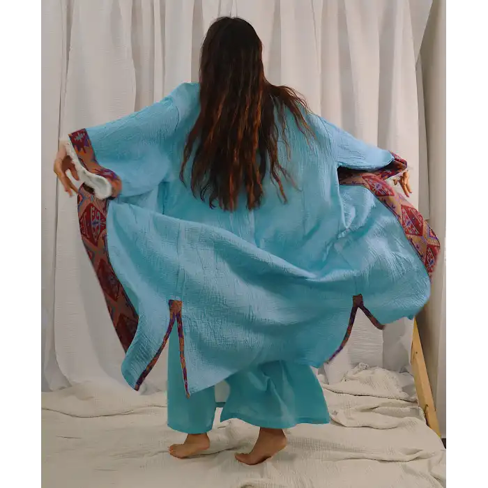 TARSUS KİLİM BORDÜRLÜ DOKUMA KAFTAN / turkuaz