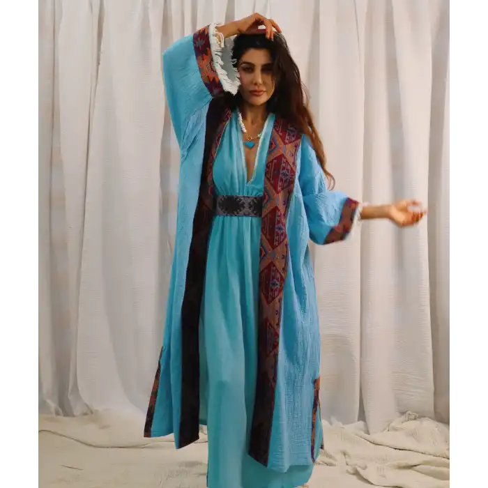 TARSUS KİLİM BORDÜRLÜ DOKUMA KAFTAN / turkuaz