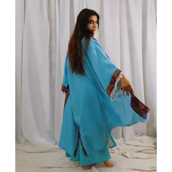 TARSUS KİLİM BORDÜRLÜ DOKUMA KAFTAN / turkuaz