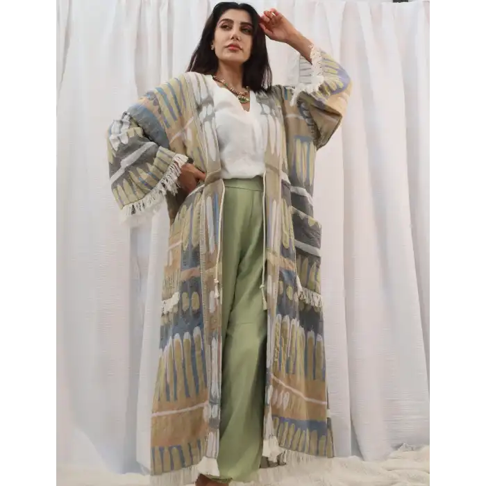 TOTEM DOKUMA JAKAR PAMUK KİMONO / Bej