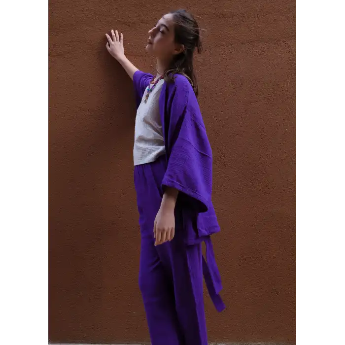 MELİS MÜSLİN KİMONO PANTOLON / Mor