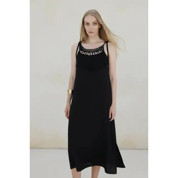 ROMA YAKASI PÜSKÜLLÜ ASKILI ELBİSE