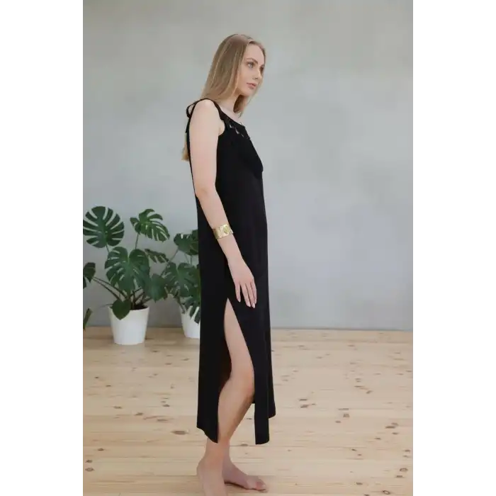 ROMA YAKASI PÜSKÜLLÜ ASKILI ELBİSE