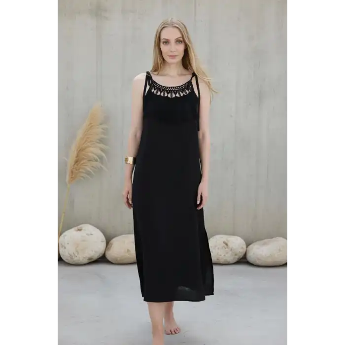 ROMA YAKASI PÜSKÜLLÜ ASKILI ELBİSE