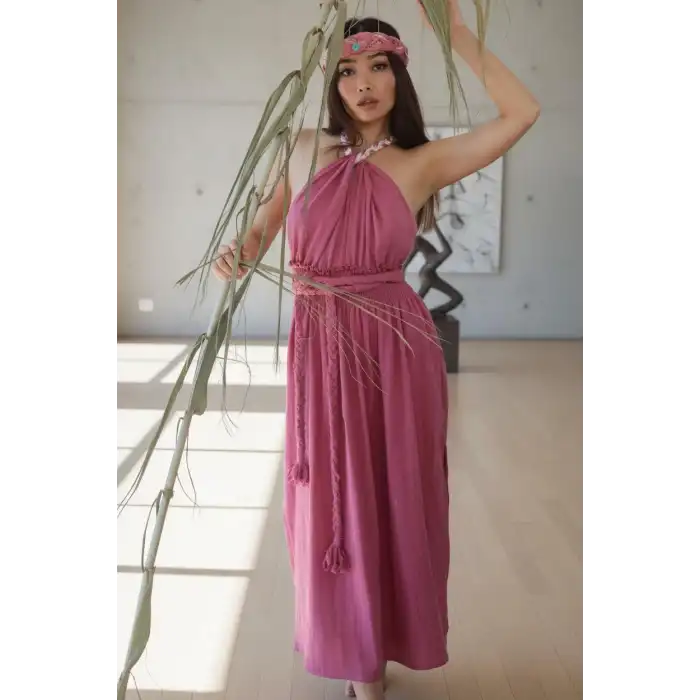 PETUNYA ÖRGÜ DETAYLI BOHEM ELBİSE / gül kurusu