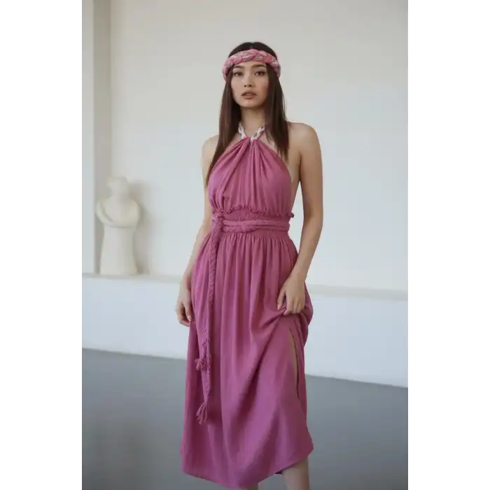 PETUNYA ÖRGÜ DETAYLI BOHEM ELBİSE / gül kurusu