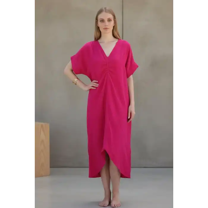 DORA YALDIZLI MÜSLİN ELBİSE / fuşya