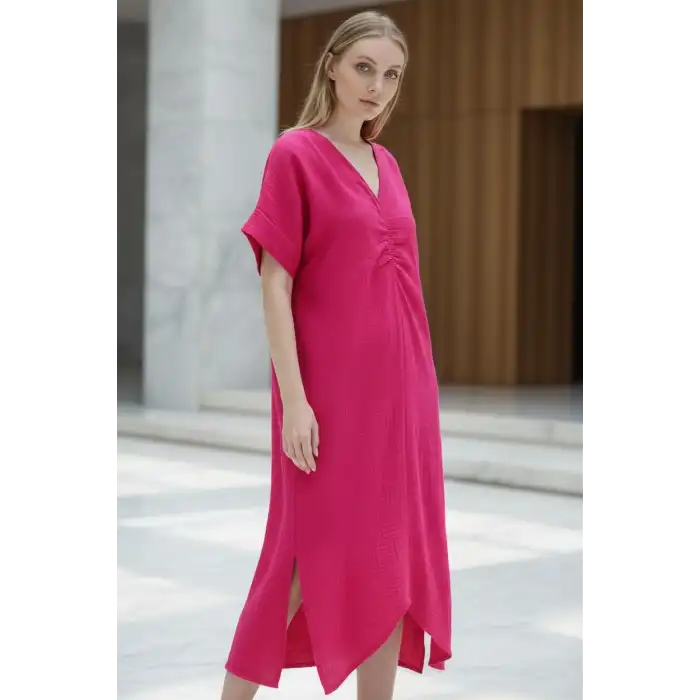 DORA YALDIZLI MÜSLİN ELBİSE / fuşya