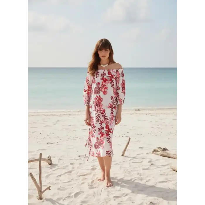 BALİ ETEĞİ BÜZGÜLÜ ELBİSE / Mercan