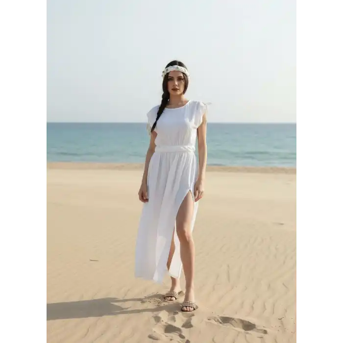 HERA BELİ ÖRGÜLÜ MÜSLİN ELBİSE /beyaz