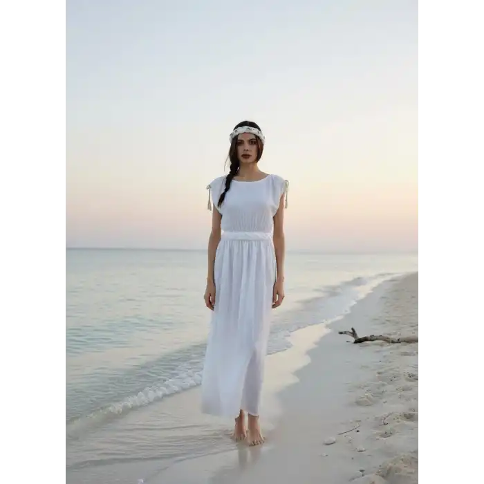 HERA BELİ ÖRGÜLÜ MÜSLİN ELBİSE /beyaz