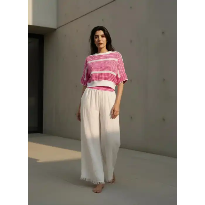 MUMBAI MÜSLİN CROP & PANTOLON TAKIM / Fuşya