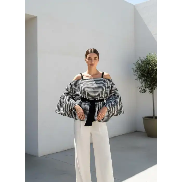 LİNET PAMUK DOKUMA ÇİZGİLİ BLUZ