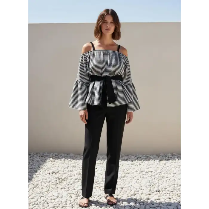 LİNET PAMUK DOKUMA ÇİZGİLİ BLUZ