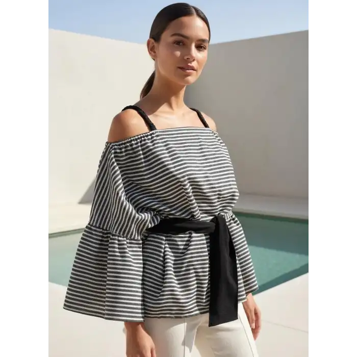 LİNET PAMUK DOKUMA ÇİZGİLİ BLUZ