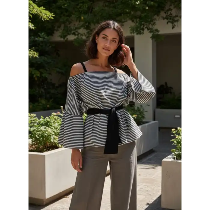 LİNET PAMUK DOKUMA ÇİZGİLİ BLUZ