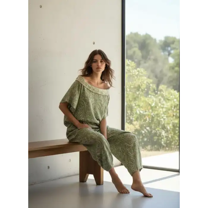 FRESKO JAKAR DOKUMA ŞALVAR PANTOLON & BLUZ TAKIM