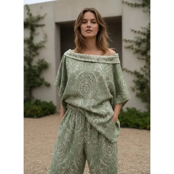 FRESKO JAKAR DOKUMA ŞALVAR PANTOLON & BLUZ TAKIM