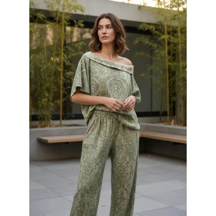 FRESKO JAKAR DOKUMA ŞALVAR PANTOLON & BLUZ TAKIM