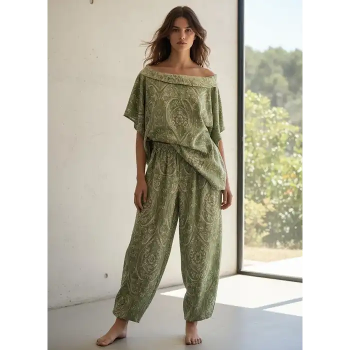 FRESKO JAKAR DOKUMA ŞALVAR PANTOLON & BLUZ TAKIM