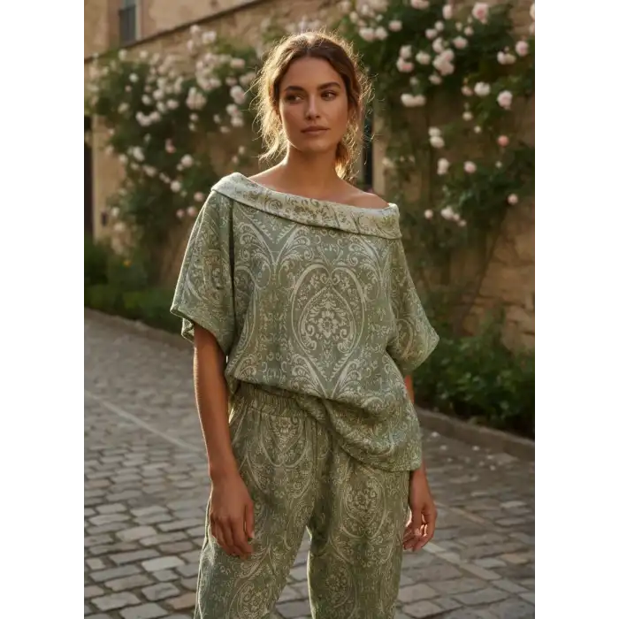 FRESKO JAKAR DOKUMA ŞALVAR PANTOLON & BLUZ TAKIM