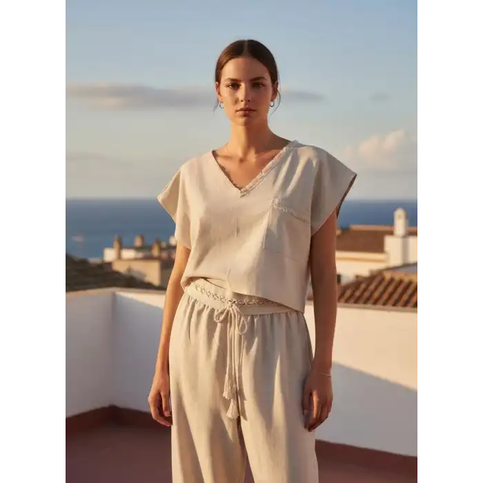 LAVANDA KETEN KARIŞIMLI BLUZ & PANTOLON TAKIM